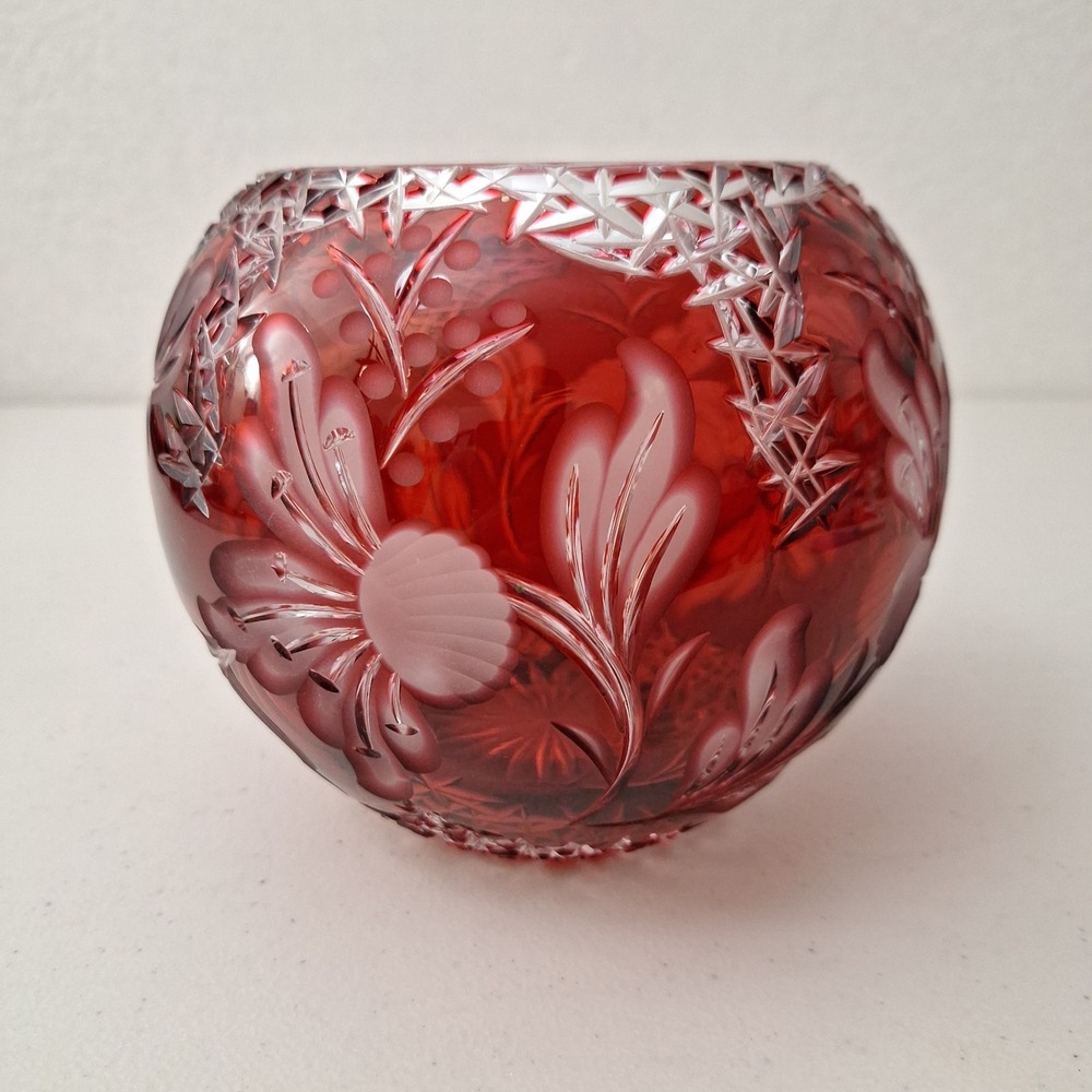 Bohemian Cranberry Red Cut to Clear Crystal Rose Bowl Intricate  Vintage HEAVY